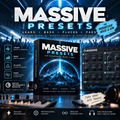 Promotional graphic for Massive Presets audio software, showing a large black product box with a glowing blue abstract design, a dark digital mixer interface on the right, and feature icons on the left over a concert crowd background. Text reads 'MASSIVE PRESETS' and 'For Progressive House & EDM'.
