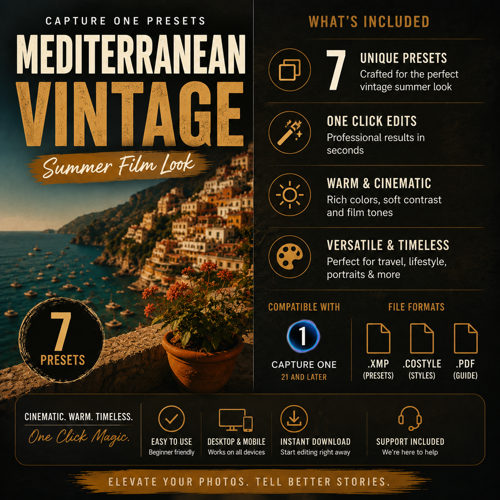 Promotional graphic for 'Mediterranean Vintage Summer Film Look' photo presets, showing a coastal village scene on the left and feature callouts on the right including '7 Unique Presets', 'One Click Edits', and compatibility with Capture One.