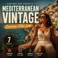 Promotional graphic for a photo editing preset pack titled 'Mediterranean Vintage Summer Film Look,' showing a woman in a cream dress sitting by a coastal town with blue sea and buildings in the background. Large text reads 'Capture One Presets,' 'Mediterranean Vintage,' 'Summer Film Look,' '7 Presets,' and feature callouts for cinematic colors, vintage film look, warm natural tones, and one-click magic.