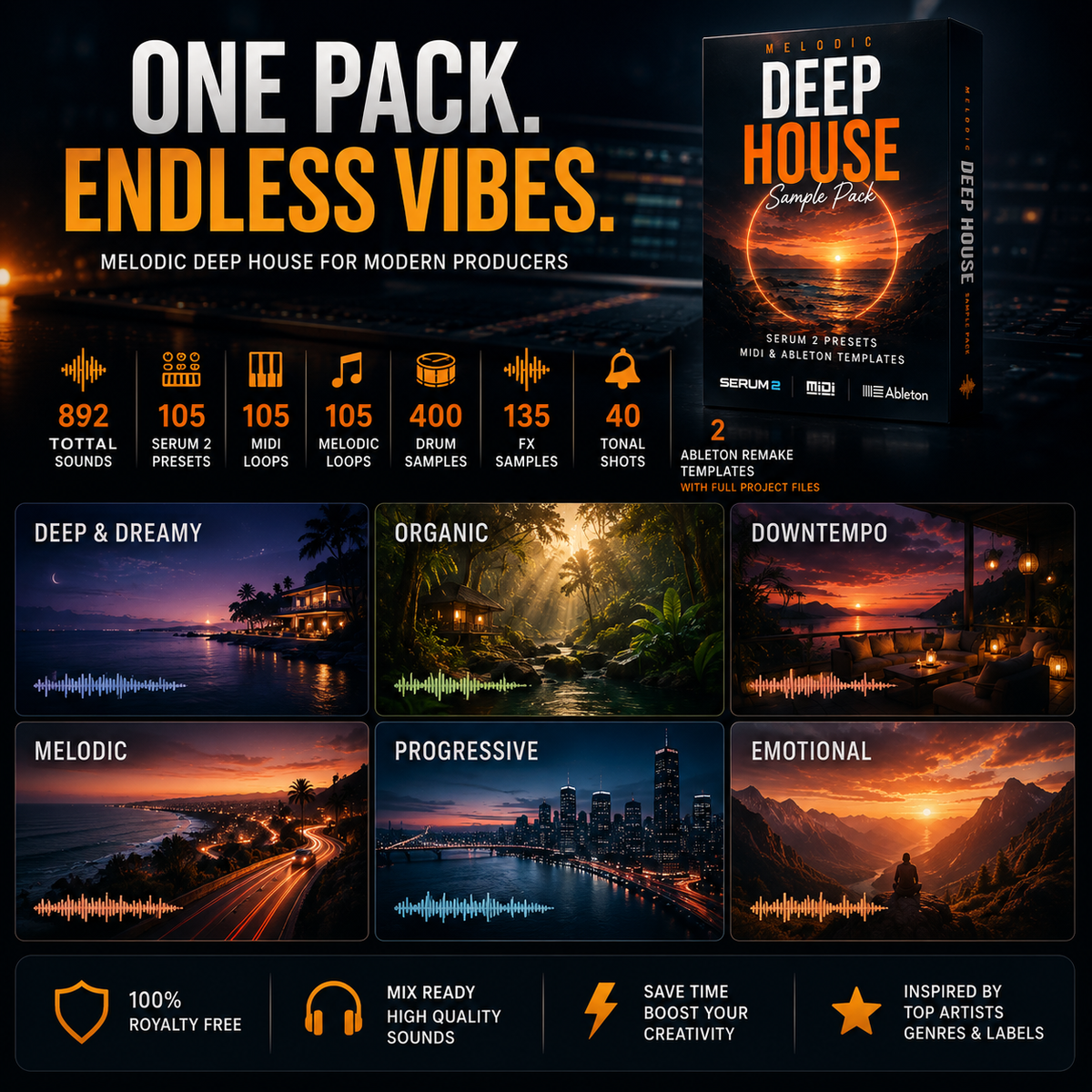 Promotional graphic for a music sample pack titled 'ONE PACK. ENDLESS VIBES.