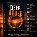A promotional graphic for a music sample pack titled 'Melodic Deep House Sample Pack' shown as a 3D box cover with a sunset ocean scene. The design includes a vertical list of included items on the right, such as 892 total sounds, 105 serum 2 presets, 105 midi loops, 400 drum samples, 135 fx samples, 40 tonal shots, and 2 anvilton remake templates.