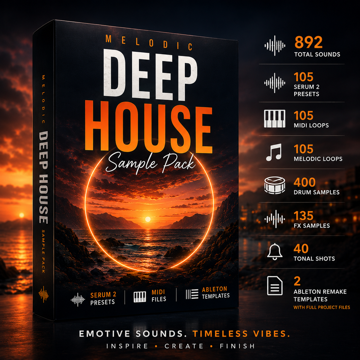 A promotional graphic for a music sample pack titled 'Melodic Deep House Sample Pack' shown as a 3D box cover with a sunset ocean scene. The design includes a vertical list of included items on the right, such as 892 total sounds, 105 serum 2 presets, 105 midi loops, 400 drum samples, 135 fx samples, 40 tonal shots, and 2 anvilton remake templates.
