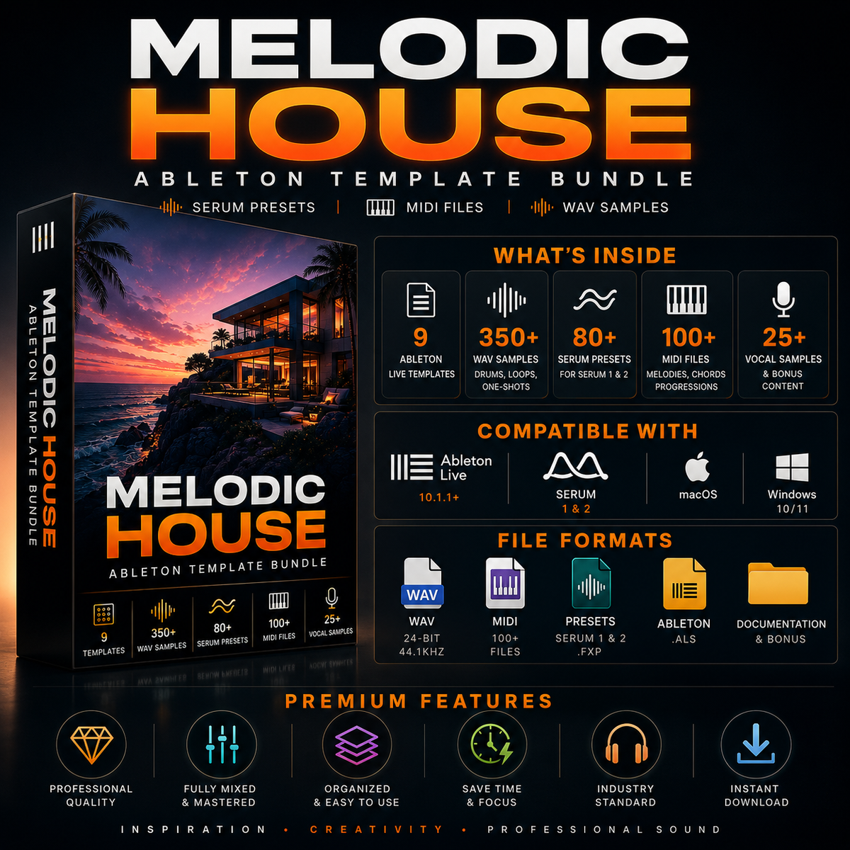 Melodic House Ableton Template Bundle promotional graphic showing a software template package cover, feature callouts, compatibility logos, file formats, and premium features on a black background.