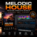 Promotional graphic for the 'Melodic House Ableton Template Bundle' by Nymly Studio, showing a software box, a digital Ableton Live project window, and a virtual keyboard controller on a dark background with orange and white text.