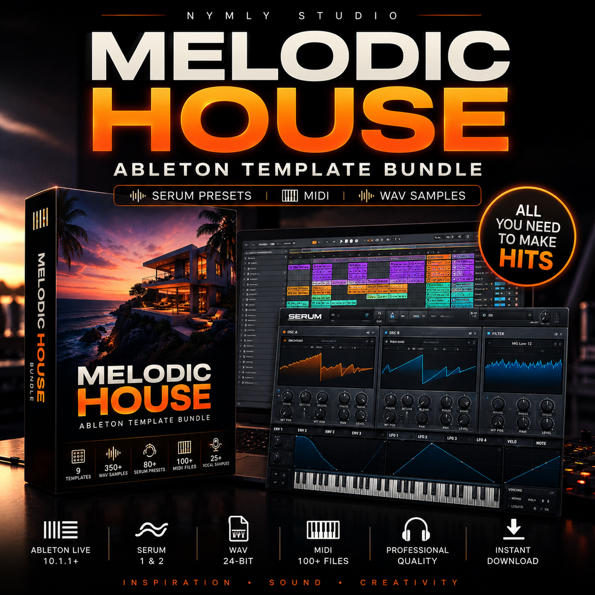 Promotional graphic for the 'Melodic House Ableton Template Bundle' by Nymly Studio, showing a software box, a digital Ableton Live project window, and a virtual keyboard controller on a dark background with orange and white text.