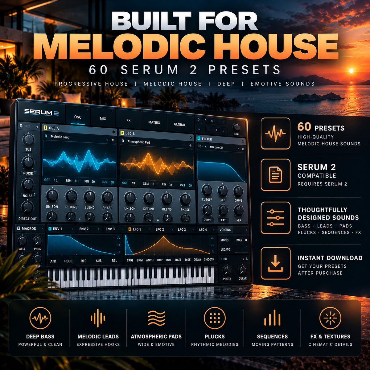 60 Melodic House Serum 2 presets featuring deep bass, leads, atmospheric pads, plucks, sequences, and cinematic effects.