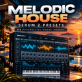 Melodic House Serum 2 presets featuring 60 progressive house sounds with a synthesizer interface and cinematic sunset backdrop.