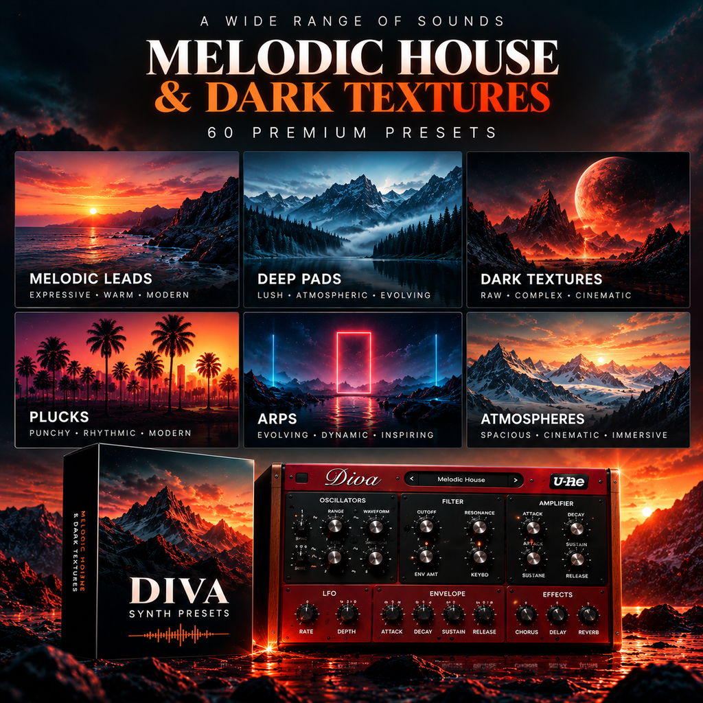 Promotional graphic for Melodic House & Dark Textures preset pack, showing six landscape scene tiles, a red virtual instrument interface, a black box labeled DIVA Synth Presets, and text reading '60 Premium Presets'.
