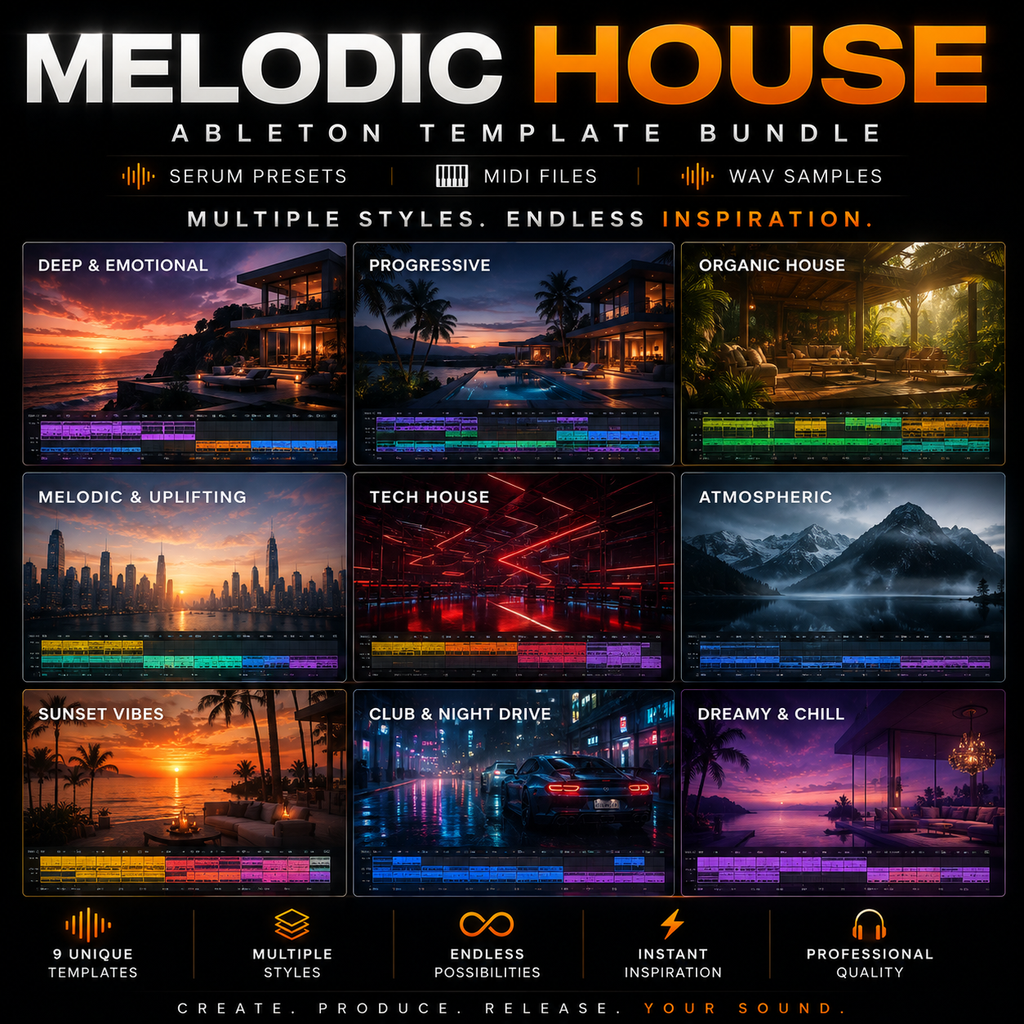 Promotional graphic for the Melodic House Ableton Template Bundle, showing a 3x3 grid of nine house music style categories with colorful audio waveform previews and text including 'Serum Presets', 'Midi Files', and 'Wav Samples'.