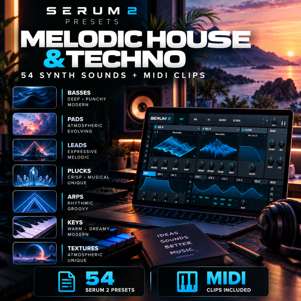 Promotional graphic for Serum 2 Presets featuring the 'Melodic House & Techno' preset pack. The image displays a laptop showing the dark blue and black Serum 2 software interface, a smartphone with a matching app screen, and a book.