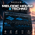 Promotional graphic for Serum 2 Presets Melodic House & Techno pack, showing a dark digital audio workstation interface with blue waveform graphics over a scenic ocean-and-mountains background at sunset. Large text reads 'SERUM 2 PRESETS', 'MELODIC HOUSE & TECHNO', '54 SYNTH SOUNDS + MIDI CLIPS', with feature icons along the bottom.