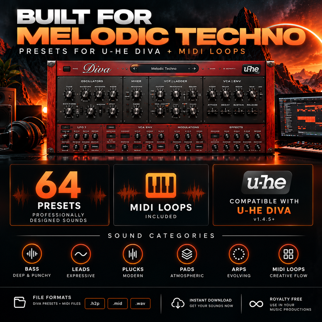 Melodic techno presets for u-he Diva featuring synth sounds, MIDI loops, sound categories, software compatibility, and digital file formats.
