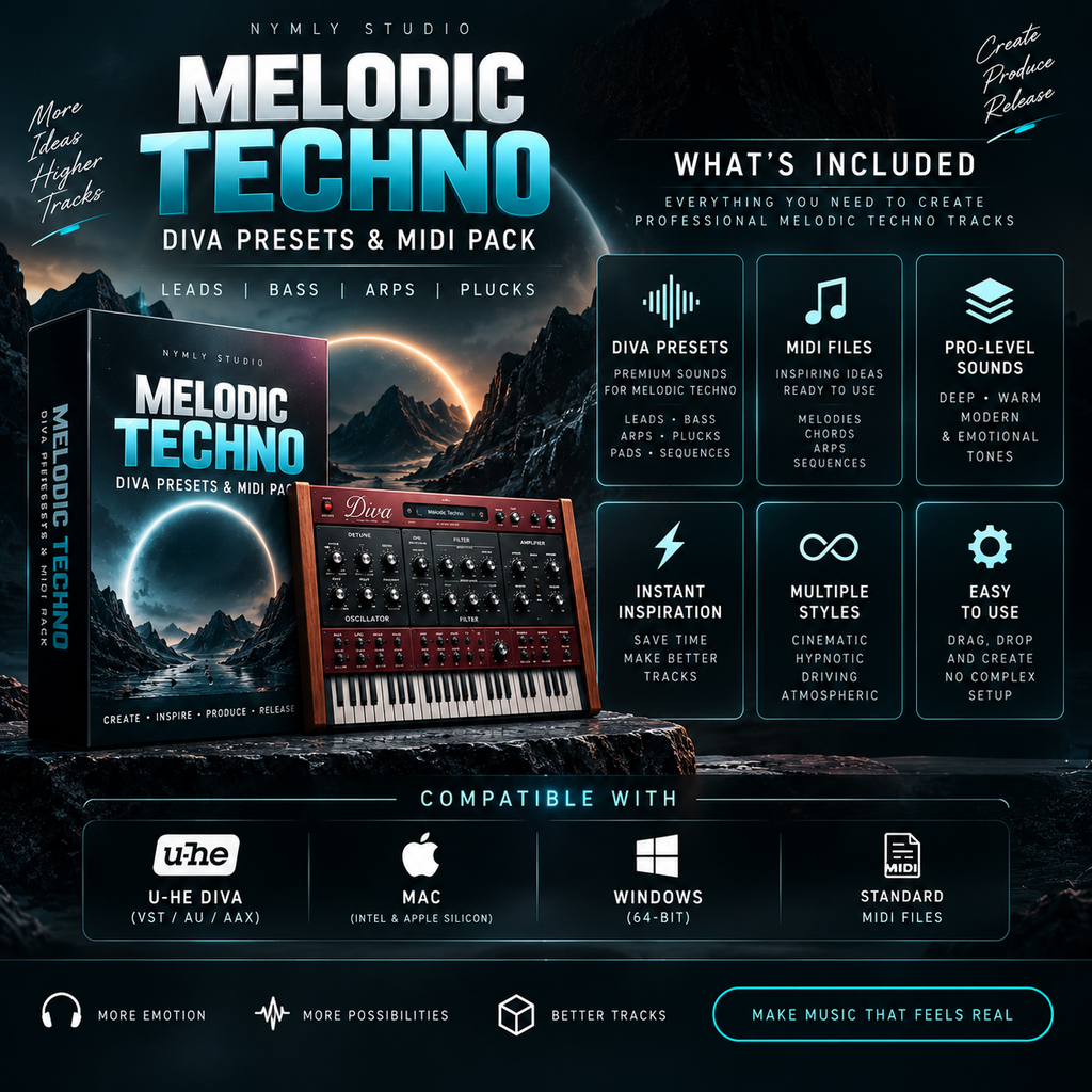 Promotional graphic for the Melodic Techno Diva Presets & MIDI Pack by Nymly Studio, showing a software product box, a keyboard graphic, and multiple feature callouts on a dark sci-fi space background. Text highlights compatibility with UHE, Mac, Windows, and standard MIDI files.