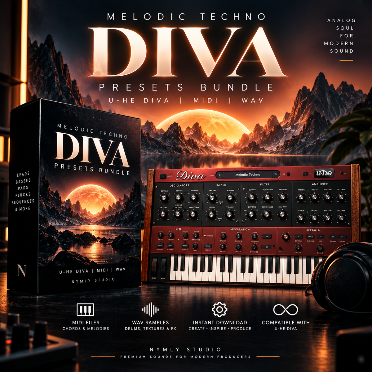 Promotional graphic for the Melodic Techno DIVA Presets Bundle by Nymly Studio, showing a software preset box, a red modular synthesizer labeled DIVA, headphones, and scenic mountain artwork with a glowing sun. Text highlights MIDI, WAV, samples, and compatibility with U-he DIVA.