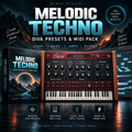 Promotional graphic for a digital music preset and MIDI pack titled 'Melodic Techno' by Nymly Studio, showing a stylized software box, a vintage-style modular synthesizer interface labeled 'Diva,' a waveform display, and marketing text over a dramatic mountain-and-moon background.