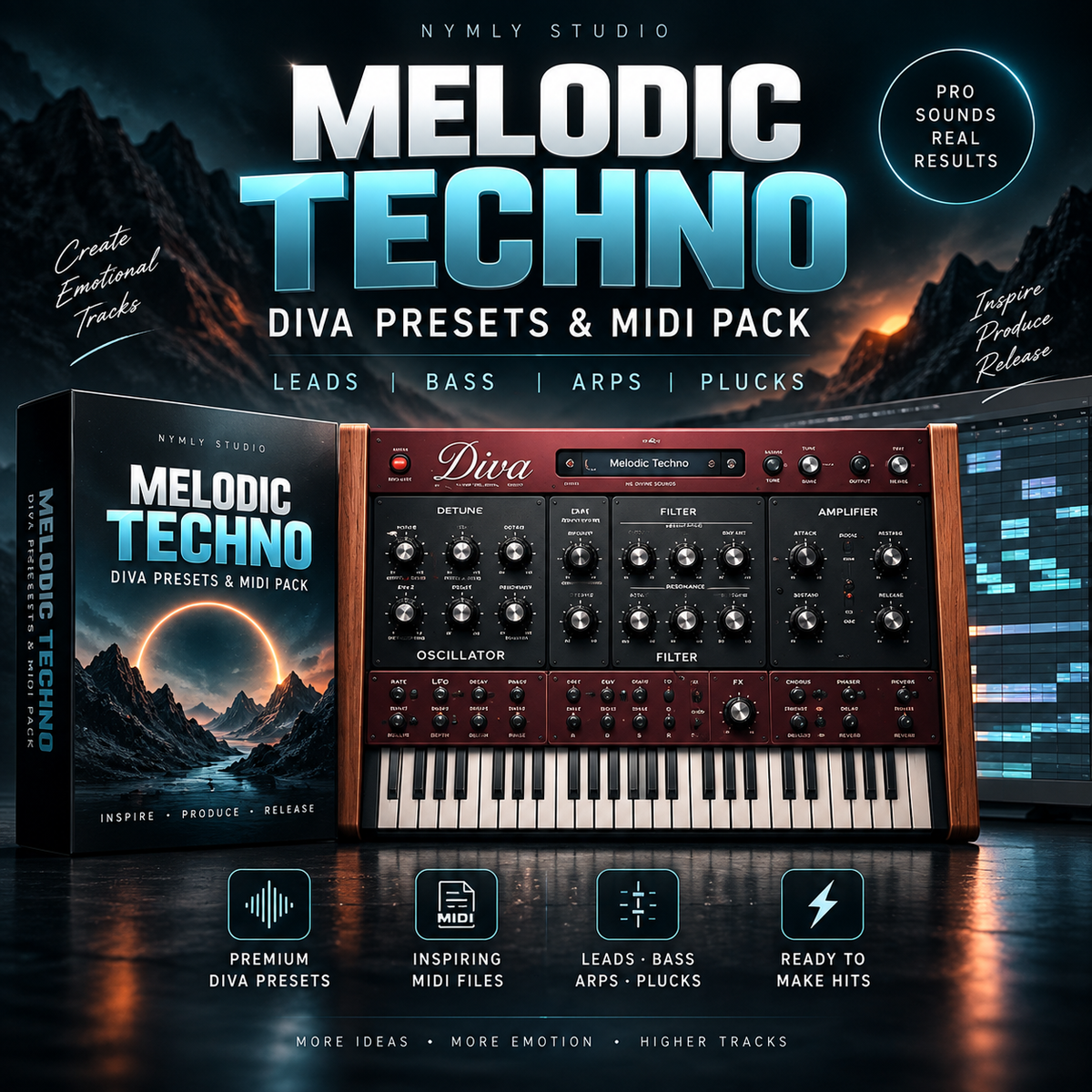 Promotional graphic for a digital music preset and MIDI pack titled 'Melodic Techno' by Nymly Studio, showing a stylized software box, a vintage-style modular synthesizer interface labeled 'Diva,' a waveform display, and marketing text over a dramatic mountain-and-moon background.