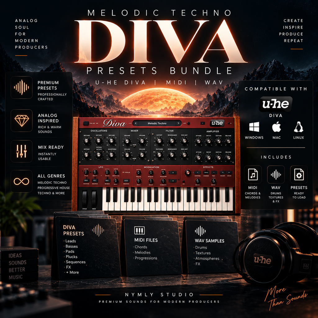 Promotional graphic for the 'Melodic Techno Diva Presets Bundle' by Nymly Studio, featuring a red modular synthesizer, a pair of black headphones, and three black boxes of presets against a dark, atmospheric background with a glowing moon.