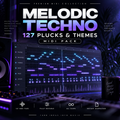 Melodic Techno MIDI pack with 127 editable plucks and melodic themes displayed in a dark professional music studio.