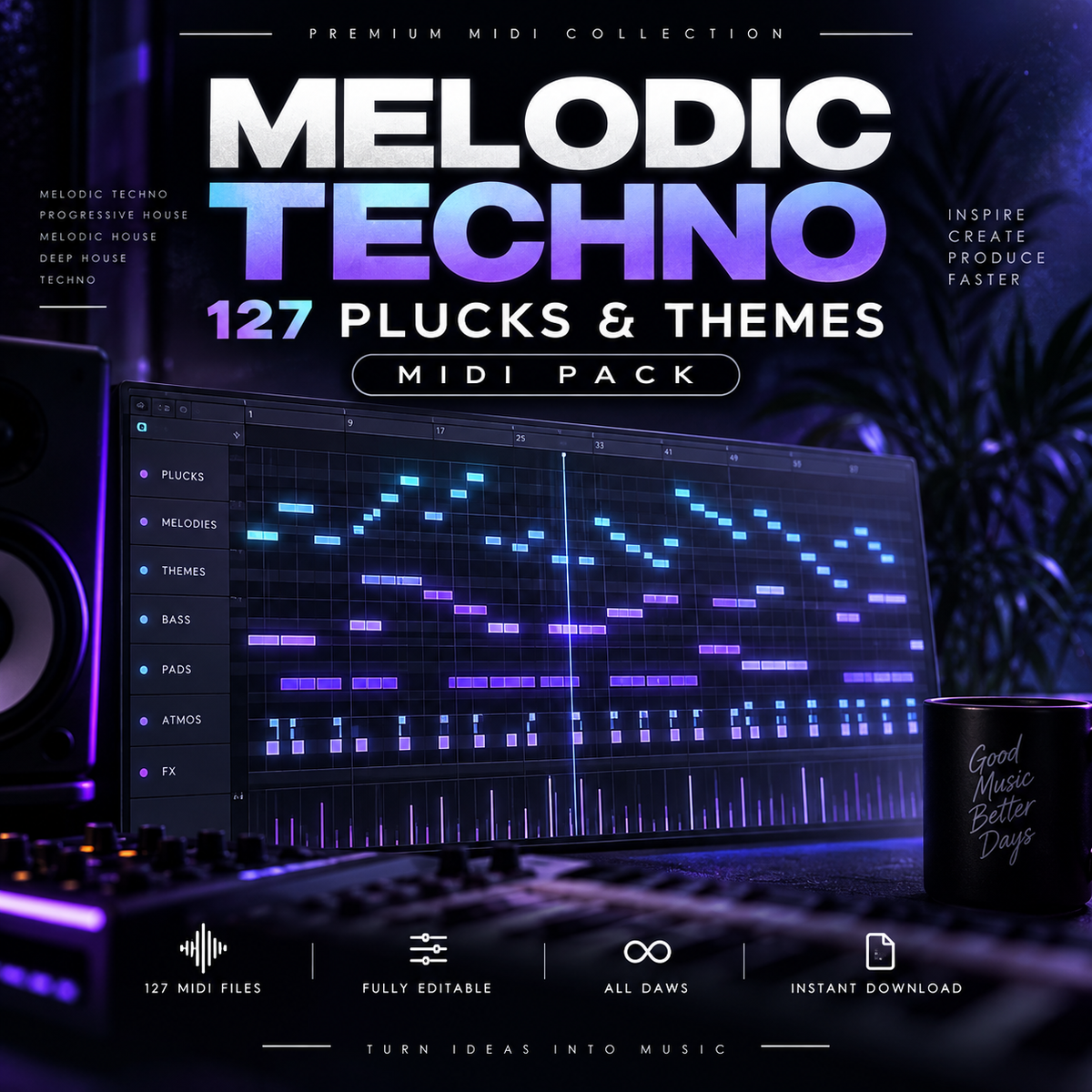 Melodic Techno MIDI pack with 127 editable plucks and melodic themes displayed in a dark professional music studio.