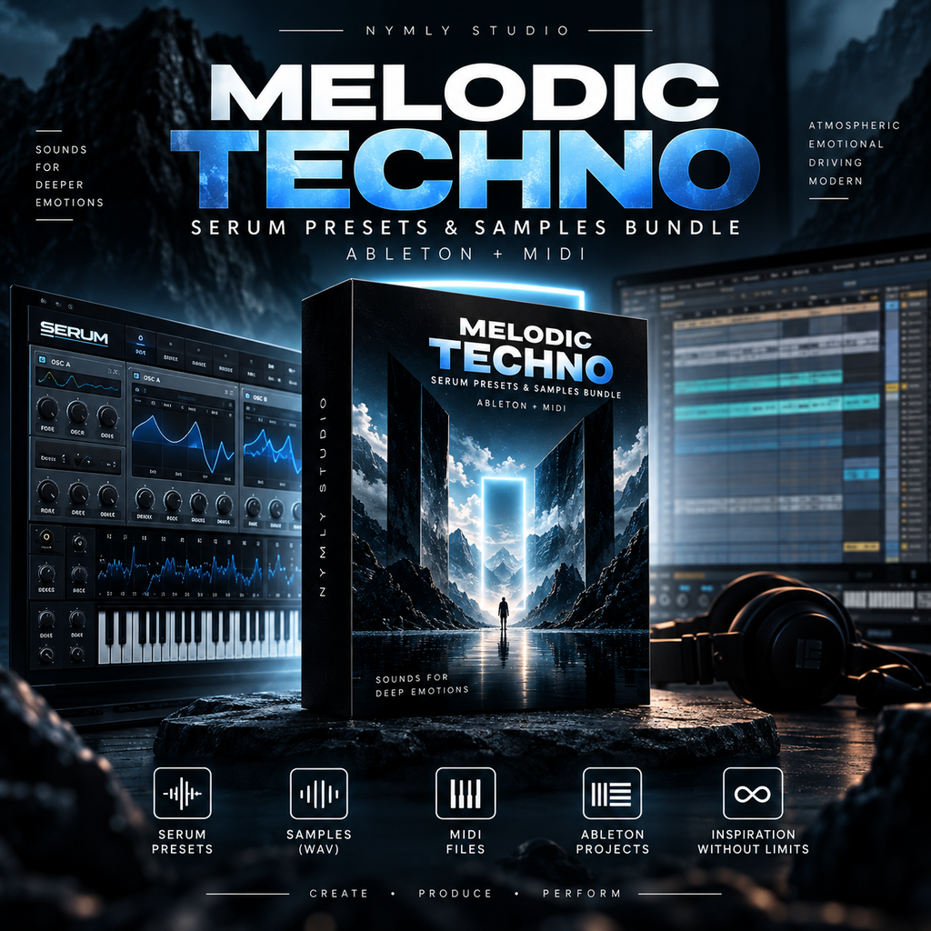 Promotional graphic for a Melodic Techno Serum Presets & Samples Bundle by Nymly Studio, showing a central software box with a futuristic cityscape and glowing blue portal artwork, surrounded by digital audio workstation interfaces, headphones, and text callouts for Ableton + MIDI.