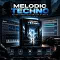 Promotional graphic for a Melodic Techno Serum Presets & Samples Bundle by Nymly Studio, showing a central software box with a futuristic cityscape and glowing blue portal artwork, surrounded by digital audio workstation interfaces, headphones, and text callouts for Ableton + MIDI.