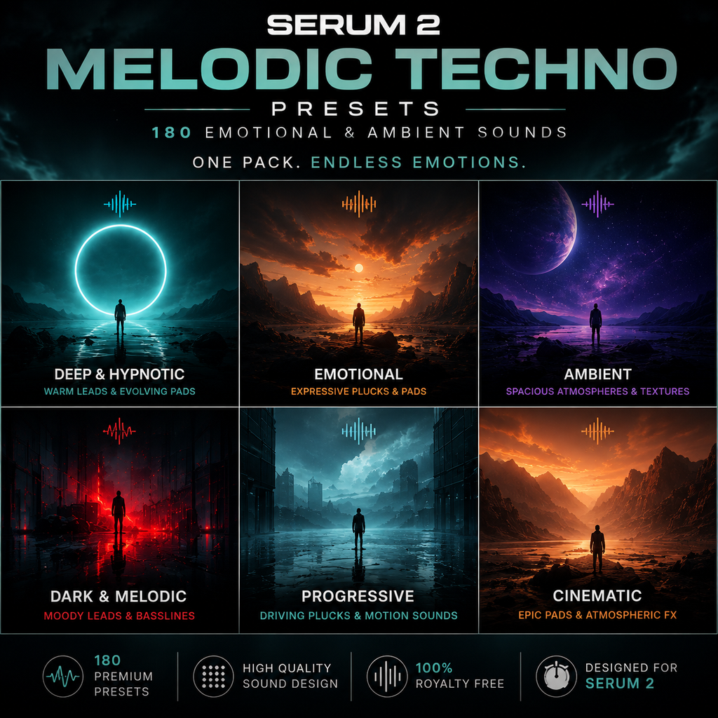 Promotional graphic for Serum 2 Melodic Techno Presets, showing six mood boards labeled Deep & Hypnotic, Emotional, Ambient, Dark & Melodic, Progressive, and Cinematic, with text about 180 emotional and ambient sounds and one pack, endless emotions.