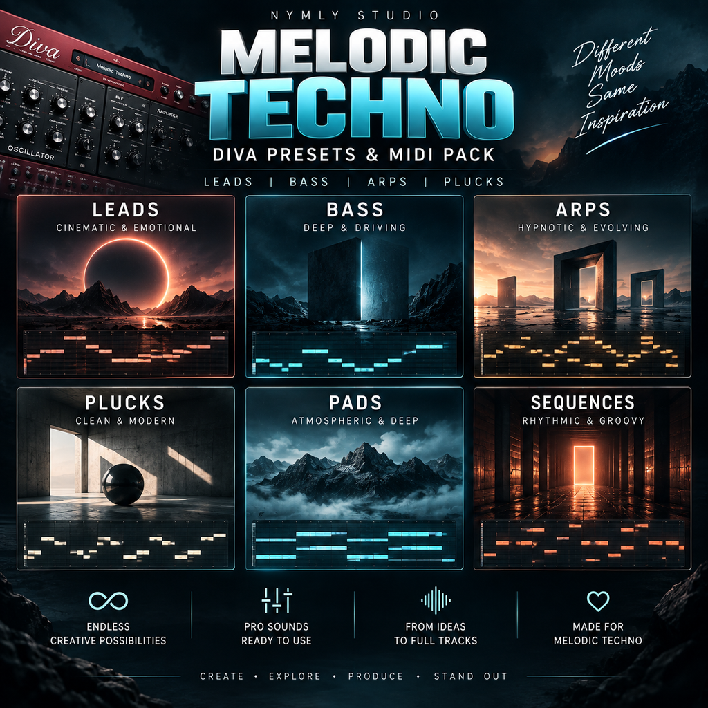 Promotional graphic for a Melodic Techno Diva Presets & MIDI Pack by Nymly Studio, featuring six preset categories (Leads, Bass, Arps, Plucks, Pads, Sequences) in a dark futuristic sci-fi color scheme with glowing neon accents.