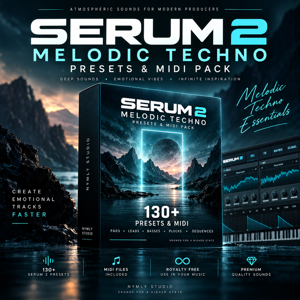 Promotional graphic for Serum 2 Melodic Techno Presets & MIDI Pack by Nymly Studio, showing a central software box with sci-fi landscape artwork, a large synthesizer interface on the right, and bold text advertising 130+ presets and MIDI files.
