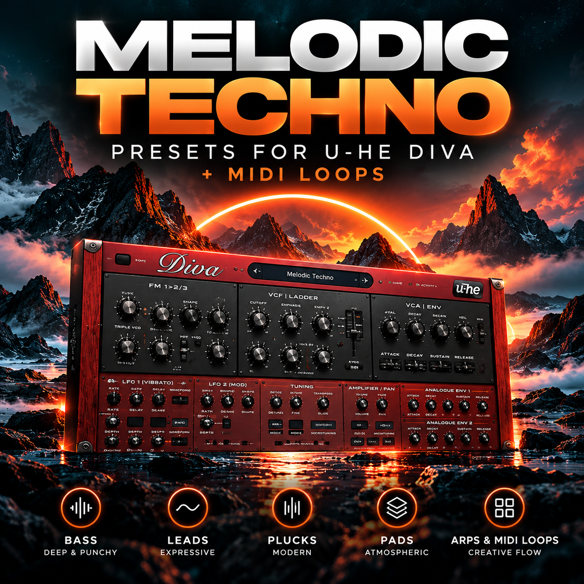 Melodic techno presets for u-he Diva with analog synth sounds, cinematic atmospheres, and MIDI loops for music production.