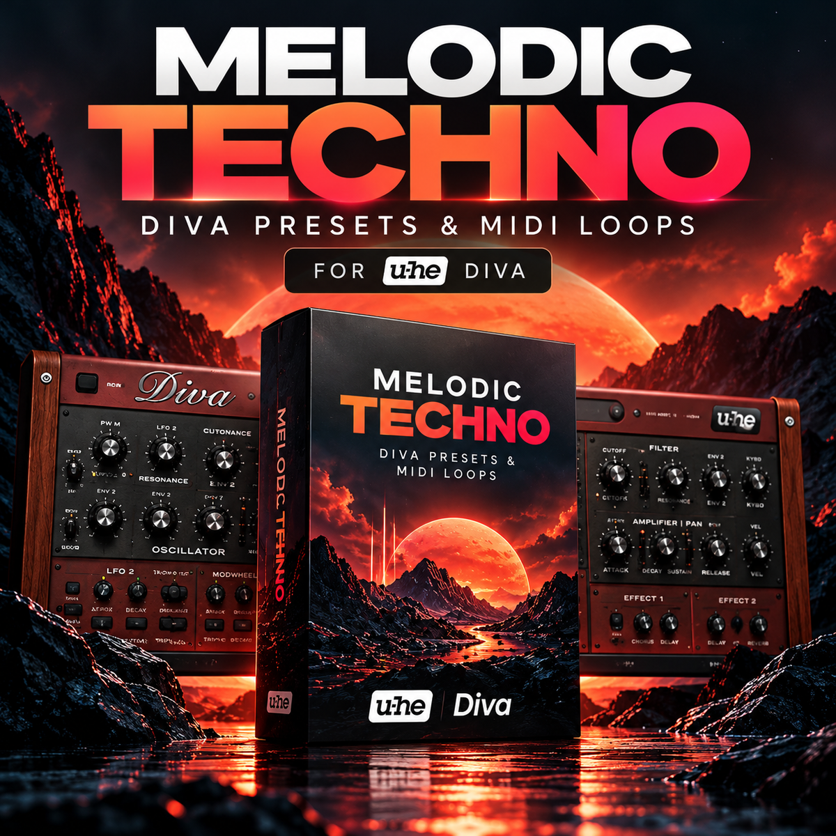 Melodic techno Diva presets and MIDI loops for u-he Diva synthesizer, featuring cinematic electronic sound design.