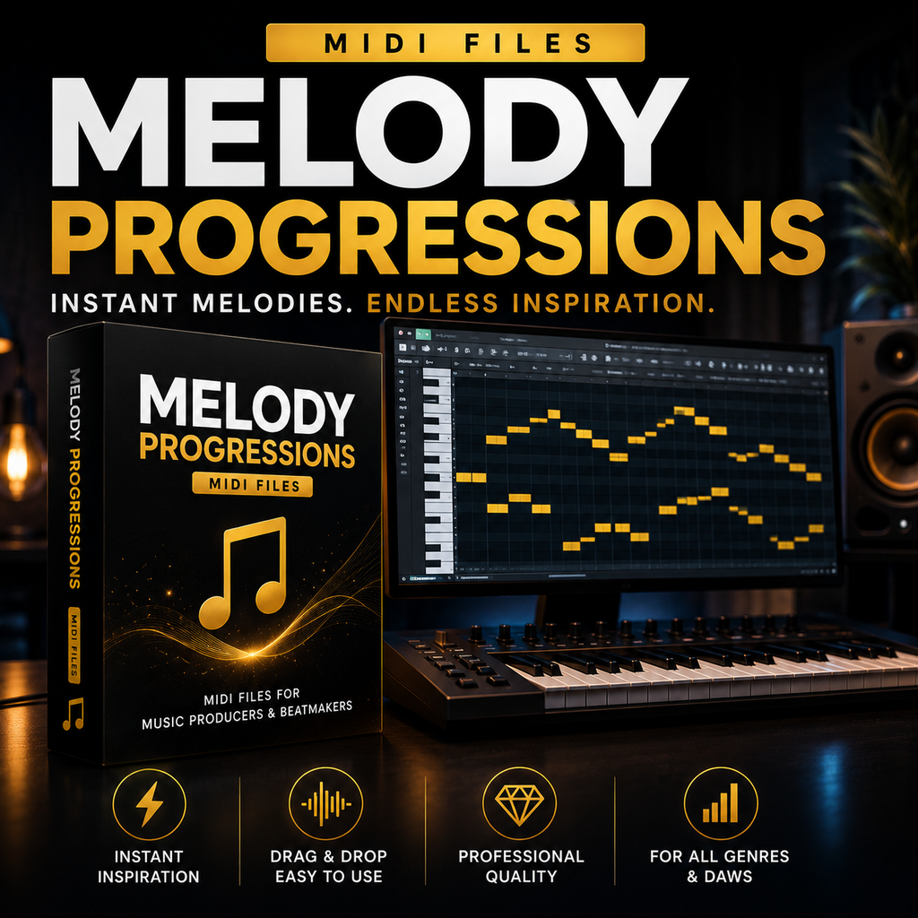 Promotional graphic for a MIDI file pack titled 'Melody Progressions'. The image shows a black software box with gold and white text, a digital audio workstation interface on a computer screen, a keyboard, and studio speakers in a dark room.