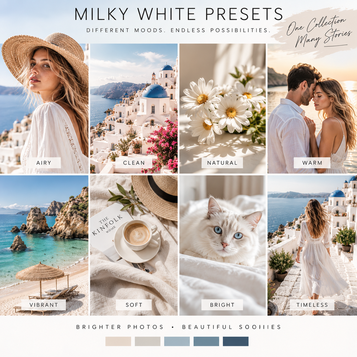Promotional graphic for 'Milky White Presets' showing a 2x4 grid of warm, high-exposure lifestyle and travel photos with labels like Airy, Clean, Natural, Warm, Vibrant, Soft, Bright, and Timeless. The top text reads 'Milky White Presets' and the bottom includes 'Brighter Photos • Beautiful Soopies' with four neutral color swatches.
