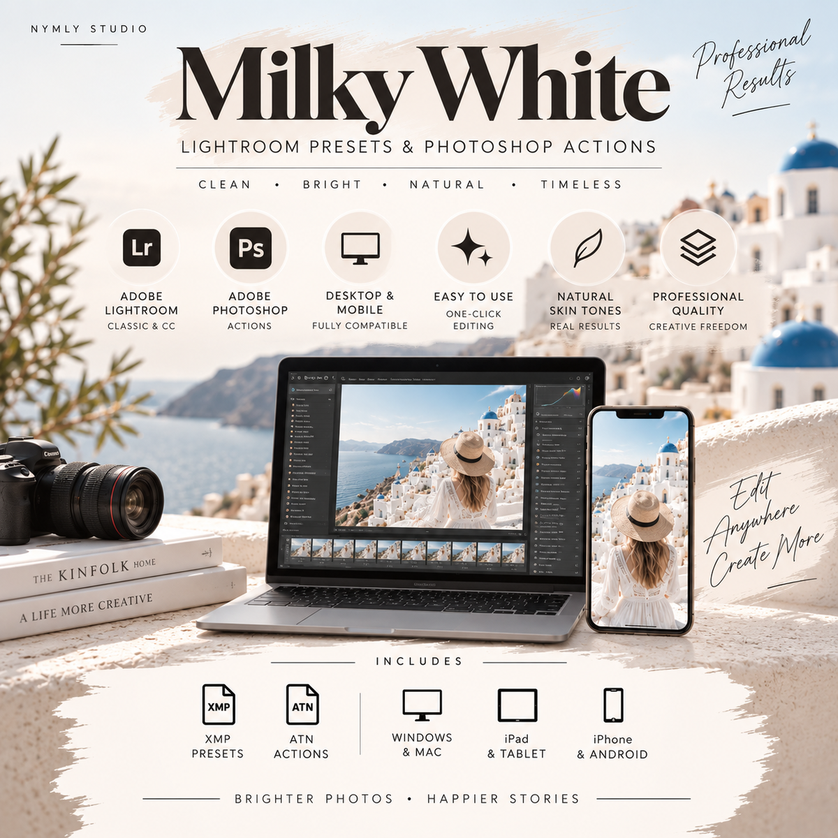 Promotional graphic for 'Milky White' Lightroom and Photoshop presets/actions by NMLY STUDIO, showing a scenic coastal image edited into a laptop screen and phone, with feature icons and compatibility badges.