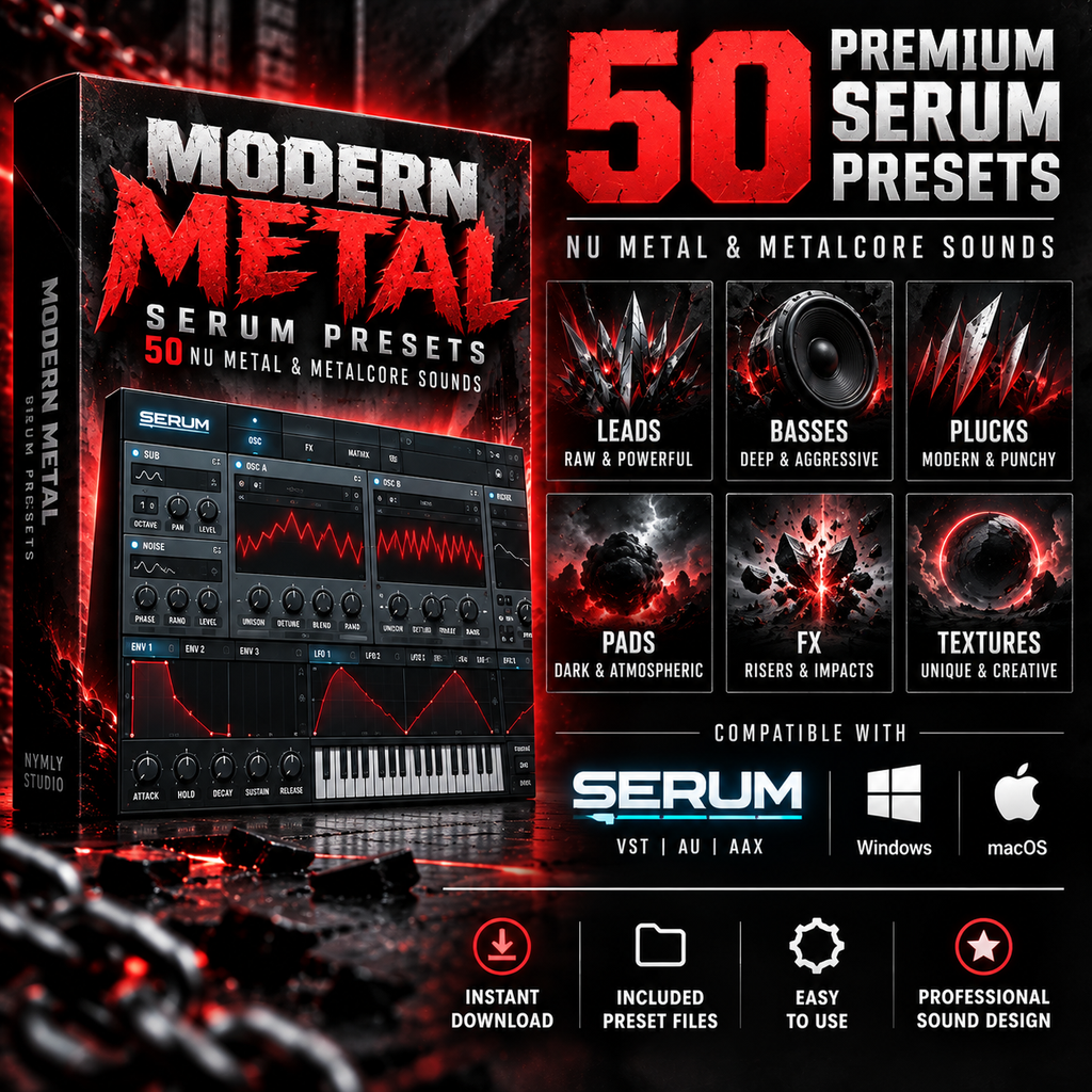 50 Modern Metal Serum Presets with leads, basses, plucks, pads, FX and Serum compatibility for Windows and macOS.