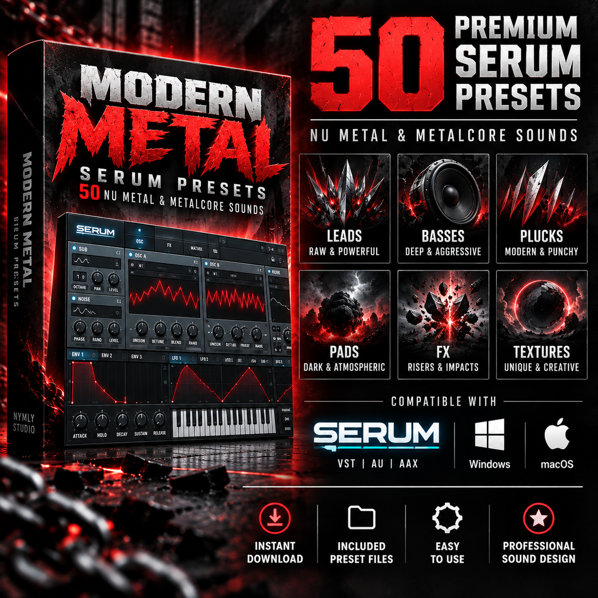 50 Modern Metal Serum Presets with leads, basses, plucks, pads, FX and Serum compatibility for Windows and macOS.
