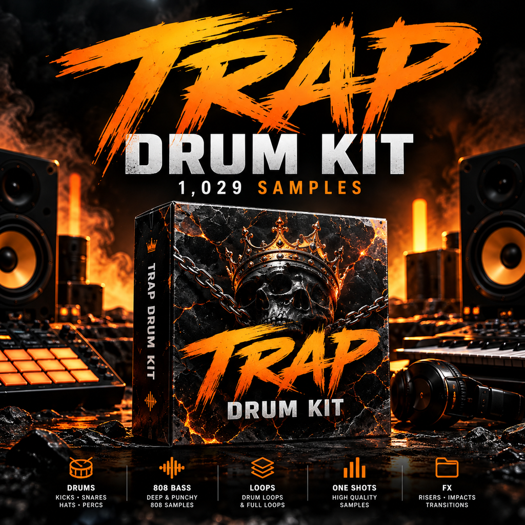 Digital product cover for a 'TRAP DRUM KIT' featuring a central product box with a skull and crown graphic, surrounded by studio gear like speakers, a sampler, and a keyboard in a dark, fiery orange and black setting. Text highlights '1,029 SAMPLES' and lists sample types at the bottom.