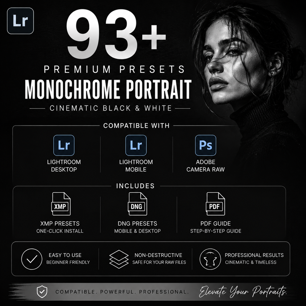 Promotional graphic for a monochrome portrait preset pack, showing a dark black-and-white portrait of a woman on the right and large text reading '93+ Premium Presets Monochrome Portrait' on the left. Smaller text lists compatibility with Lightroom Desktop, Lightroom Mobile, and Adobe Camera Raw, plus included file formats and features.