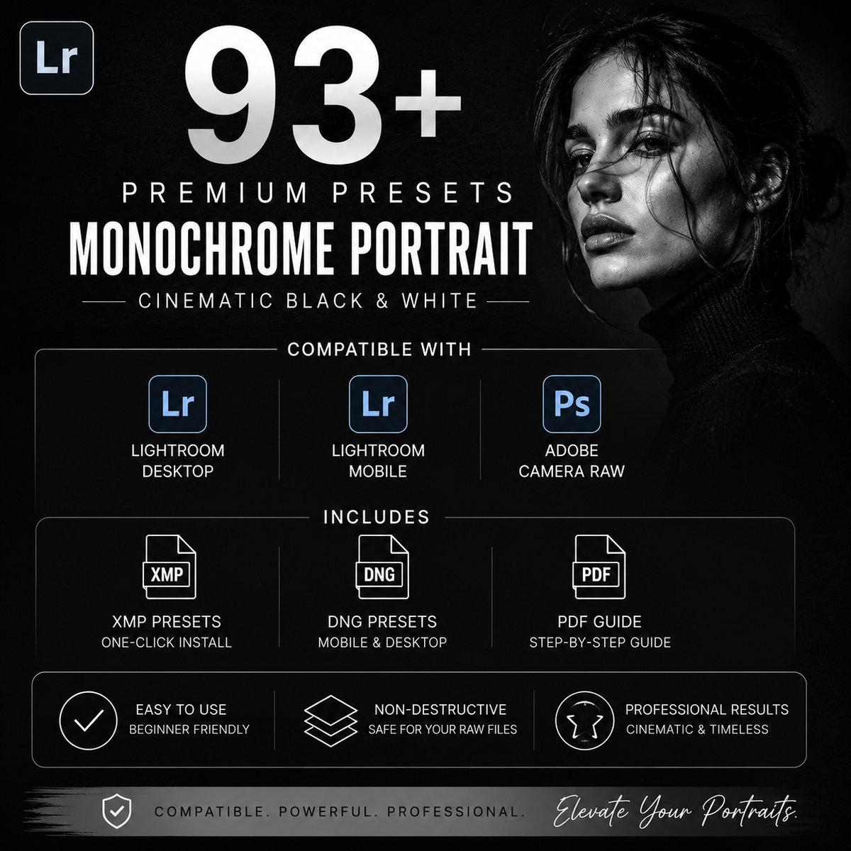 Promotional graphic for a monochrome portrait preset pack, showing a dark black-and-white portrait of a woman on the right and large text reading '93+ Premium Presets Monochrome Portrait' on the left. Smaller text lists compatibility with Lightroom Desktop, Lightroom Mobile, and Adobe Camera Raw, plus included file formats and features.