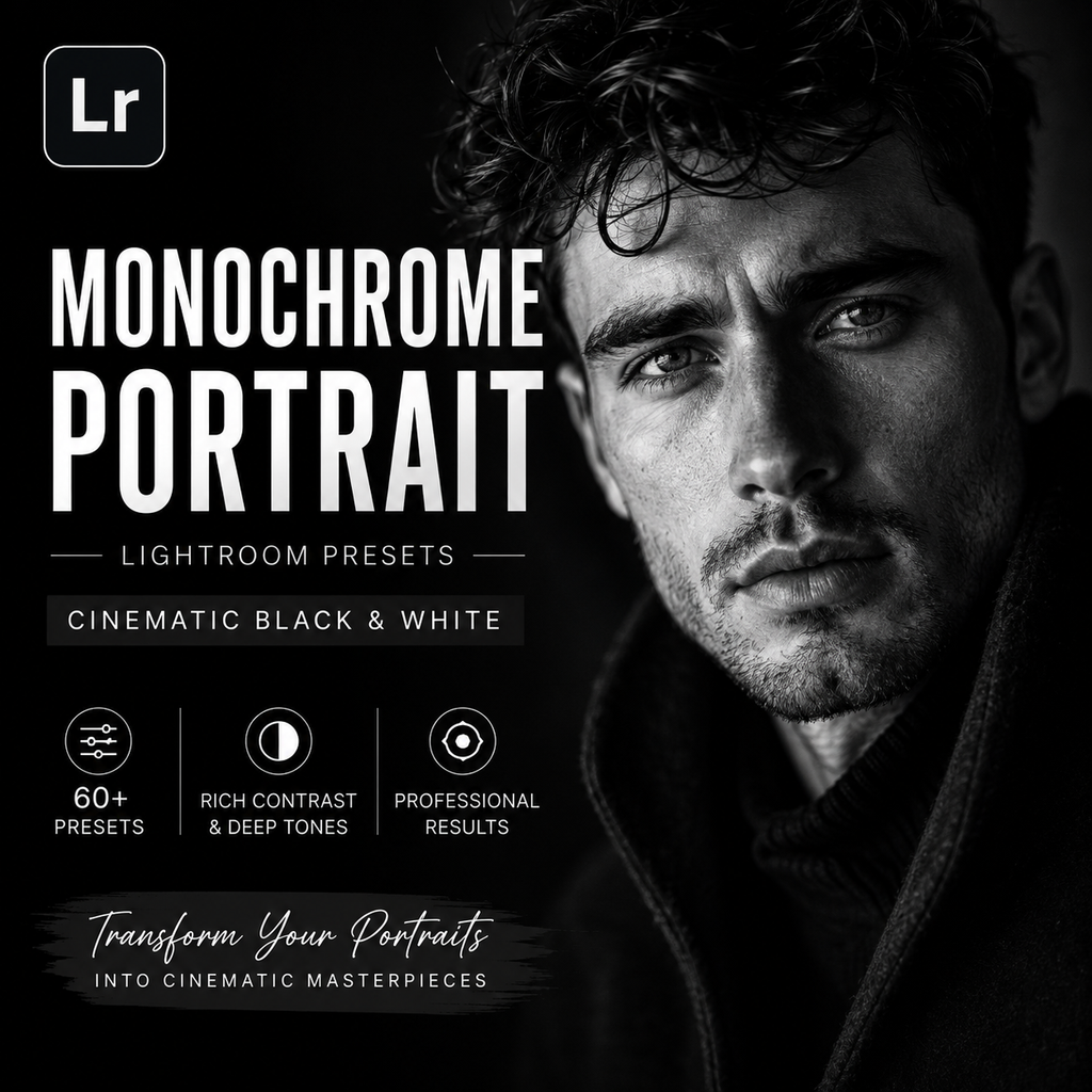 Promotional graphic for Lightroom monochrome portrait presets, showing a black-and-white close-up portrait of a man on the right and large text on the left reading 'Monochrome Portrait', 'Lightroom Presets', and 'Cinematic Black & White'.