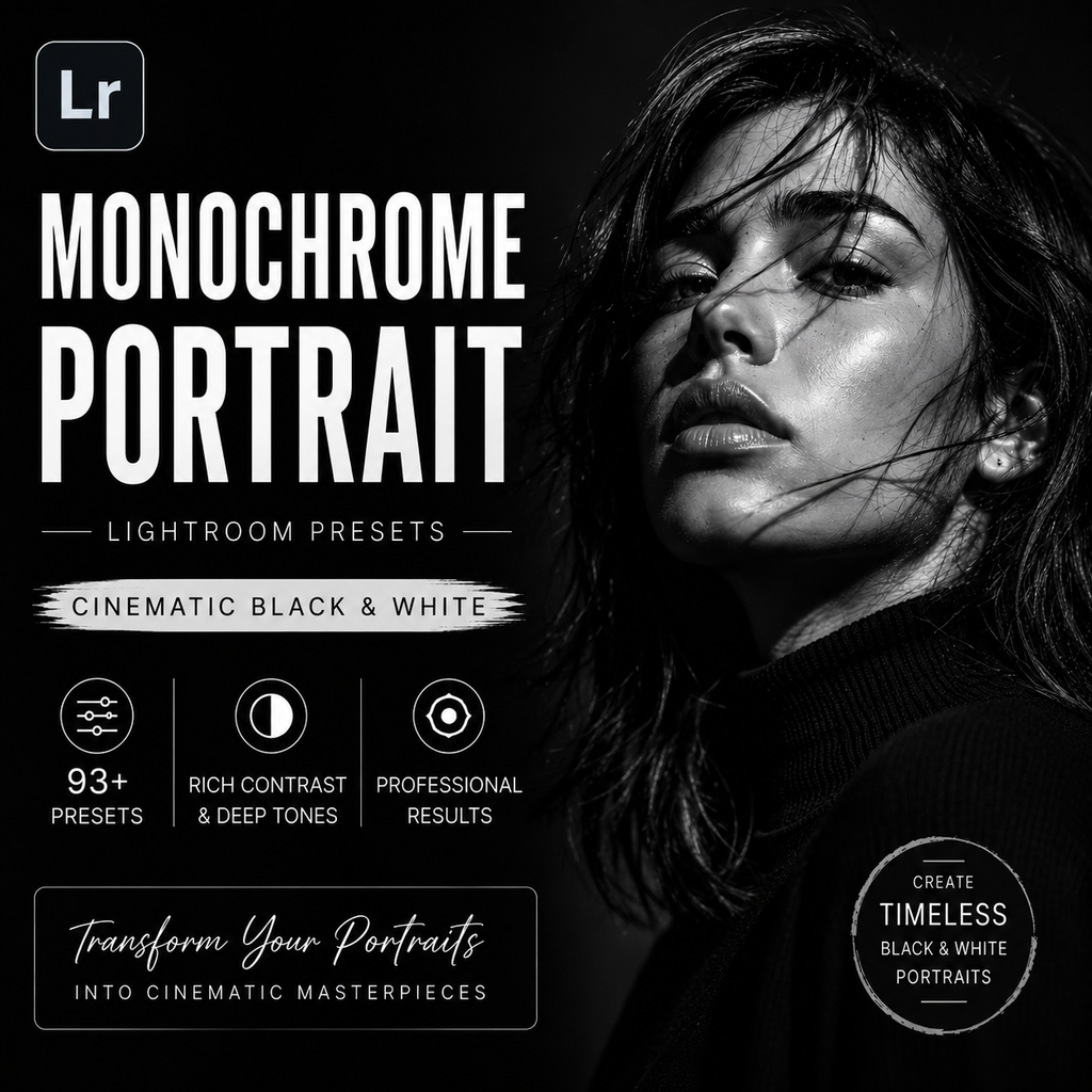 Promotional graphic for Lightroom preset pack titled 'Monochrome Portrait' with a black-and-white portrait of a woman on the right and large white text on a dark background. Includes icons and text about 93+ presets, rich contrast, deep tones, and professional results.