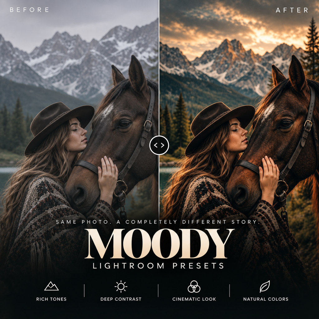 Before-and-after comparison graphic for 'Moody Lightroom Presets' showing a woman in a hat and sweater kissing a horse, with a moody mountain landscape in the 'Before' panel and a warmer, high-contrast version in the 'After' panel. Text overlays describe the rich tones, deep contrast, cinematic look, and natural colors.