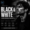 Promotional graphic for Lightroom presets featuring a black-and-white portrait of a man on the right and large text reading 'Premium BLACK & WHITE LIGHTROOM PRESETS' on the left. Icons mention 10+ presets, one-click edit, desktop & mobile, and XMPP & ODFG formats.
