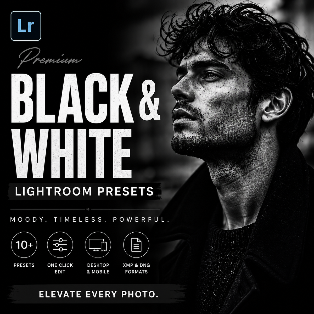 Promotional graphic for Lightroom presets featuring a black-and-white portrait of a man on the right and large text reading 'Premium BLACK & WHITE LIGHTROOM PRESETS' on the left. Icons mention 10+ presets, one-click edit, desktop & mobile, and XMPP & ODFG formats.