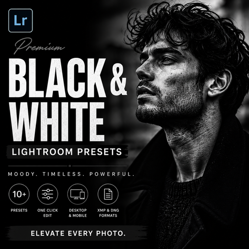 Promotional graphic for Lightroom presets featuring a black-and-white portrait of a man on the right and large text reading 'Premium BLACK & WHITE LIGHTROOM PRESETS' on the left. Icons mention 10+ presets, one-click edit, desktop & mobile, and XMPP & ODFG formats.
