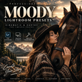 Promotional graphic for 'Moody Lightroom Presets' showing a woman in a cowboy hat and sweater hugging a horse in a mountain landscape at sunset. Large text reads 'PROFESSIONAL MOODY LIGHTROOM PRESETS' with feature icons for Lightroom, desktop, and mobile, plus 'Create Your Story' and 'Portraits | Travel | Lifestyle | Outdoor and More'.