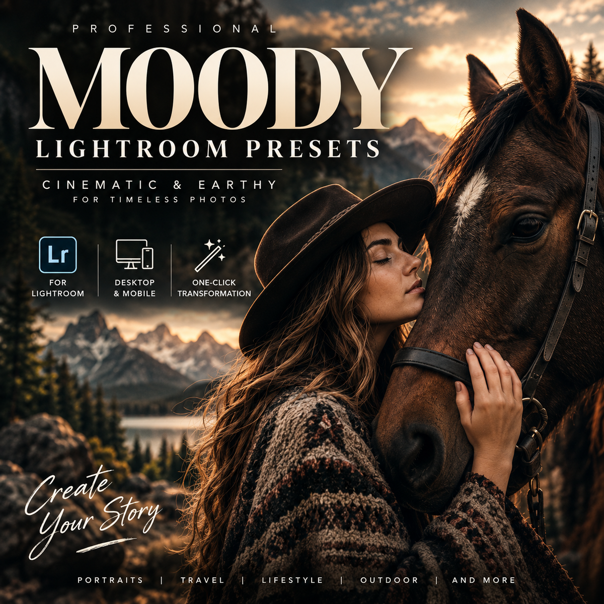 Promotional graphic for 'Moody Lightroom Presets' showing a woman in a cowboy hat and sweater hugging a horse in a mountain landscape at sunset. Large text reads 'PROFESSIONAL MOODY LIGHTROOM PRESETS' with feature icons for Lightroom, desktop, and mobile, plus 'Create Your Story' and 'Portraits | Travel | Lifestyle | Outdoor and More'.