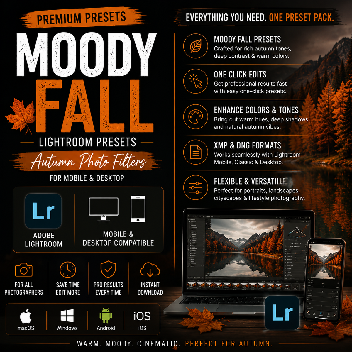 Promotional graphic for a Lightroom preset pack titled 'Moody Fall' with autumn scenery imagery, text callouts, compatibility icons for Adobe Lightroom, and device logos including iOS and Android.