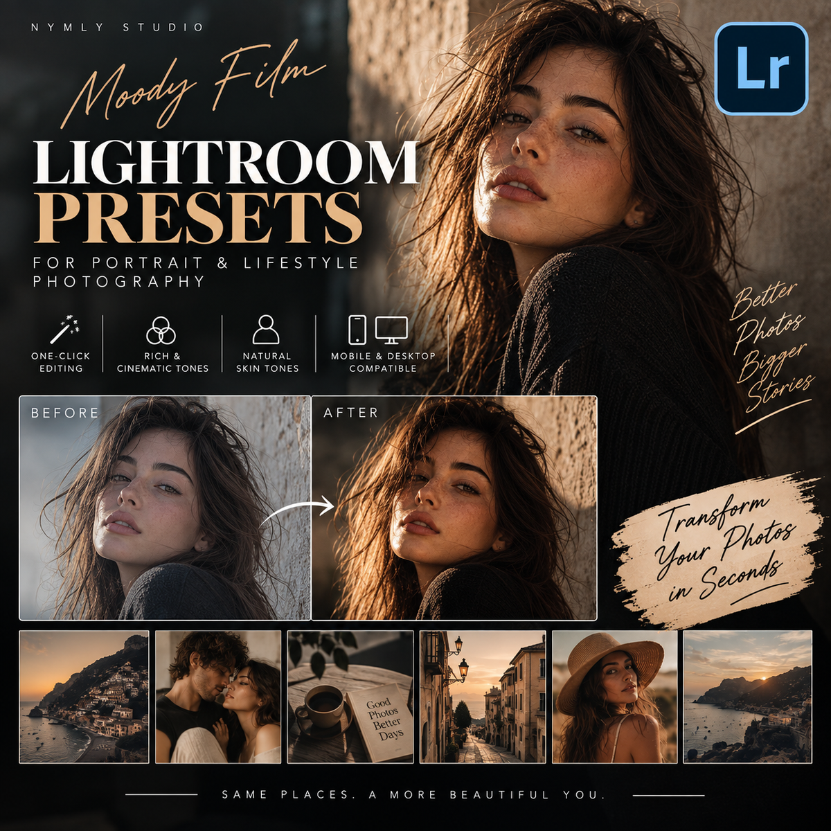 Promotional graphic for Lightroom presets from Nymly Studio, showing a woman's portrait in a moody warm tone, feature icons, before/after photo comparisons, and small lifestyle scene thumbnails. The Adobe Lightroom logo is visible in the top right.