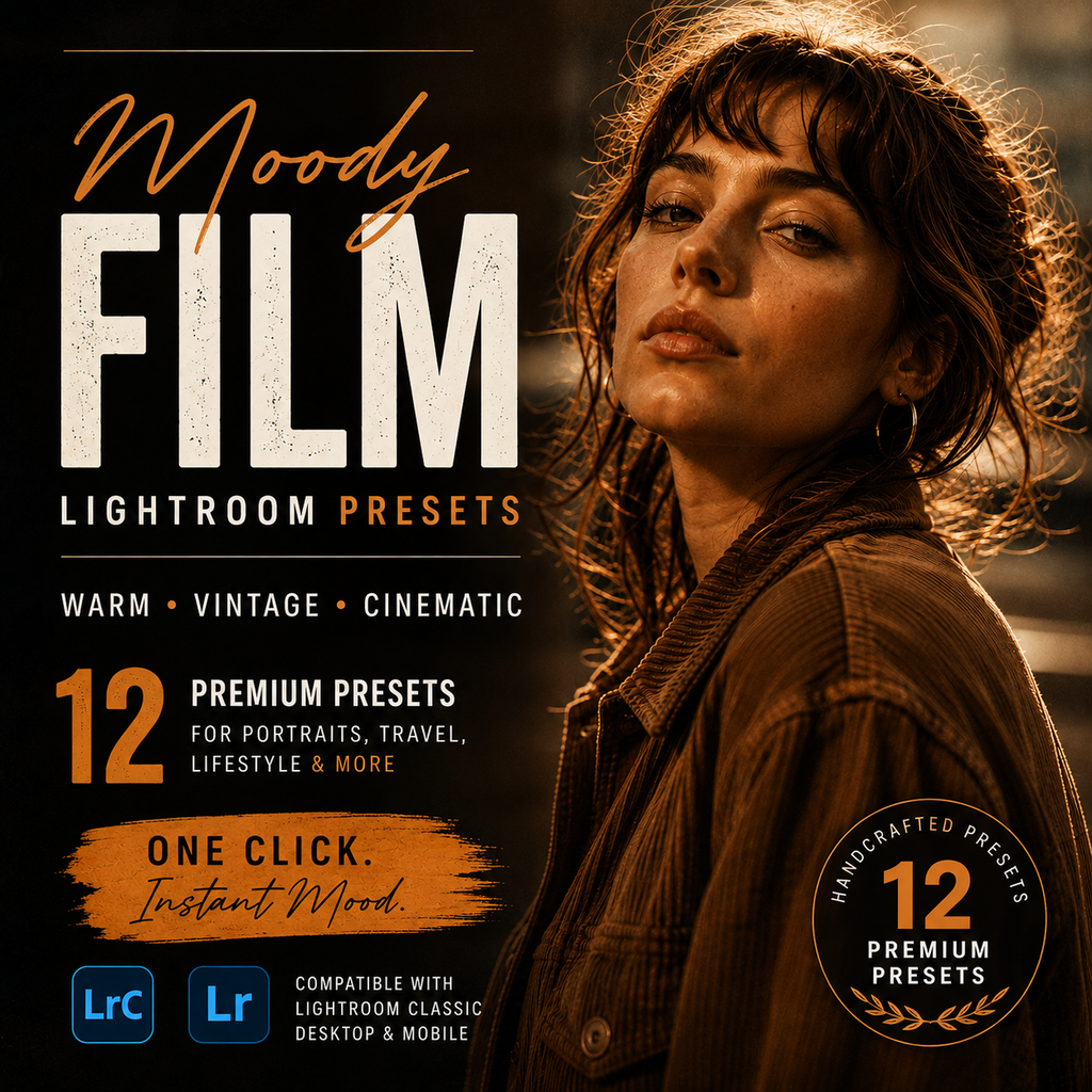 Promotional graphic for 'Moody Film Lightroom Presets' showing a woman in warm golden-hour lighting on a dark background with orange and white text. Includes compatibility badges for Lightroom Classic and Lightroom Mobile, and a circular badge stating 'Handcrafted Presets 12 Premium Presets'.