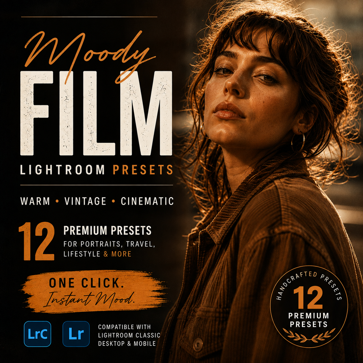 Promotional graphic for 'Moody Film Lightroom Presets' showing a woman in warm golden-hour lighting on a dark background with orange and white text. Includes compatibility badges for Lightroom Classic and Lightroom Mobile, and a circular badge stating 'Handcrafted Presets 12 Premium Presets'.